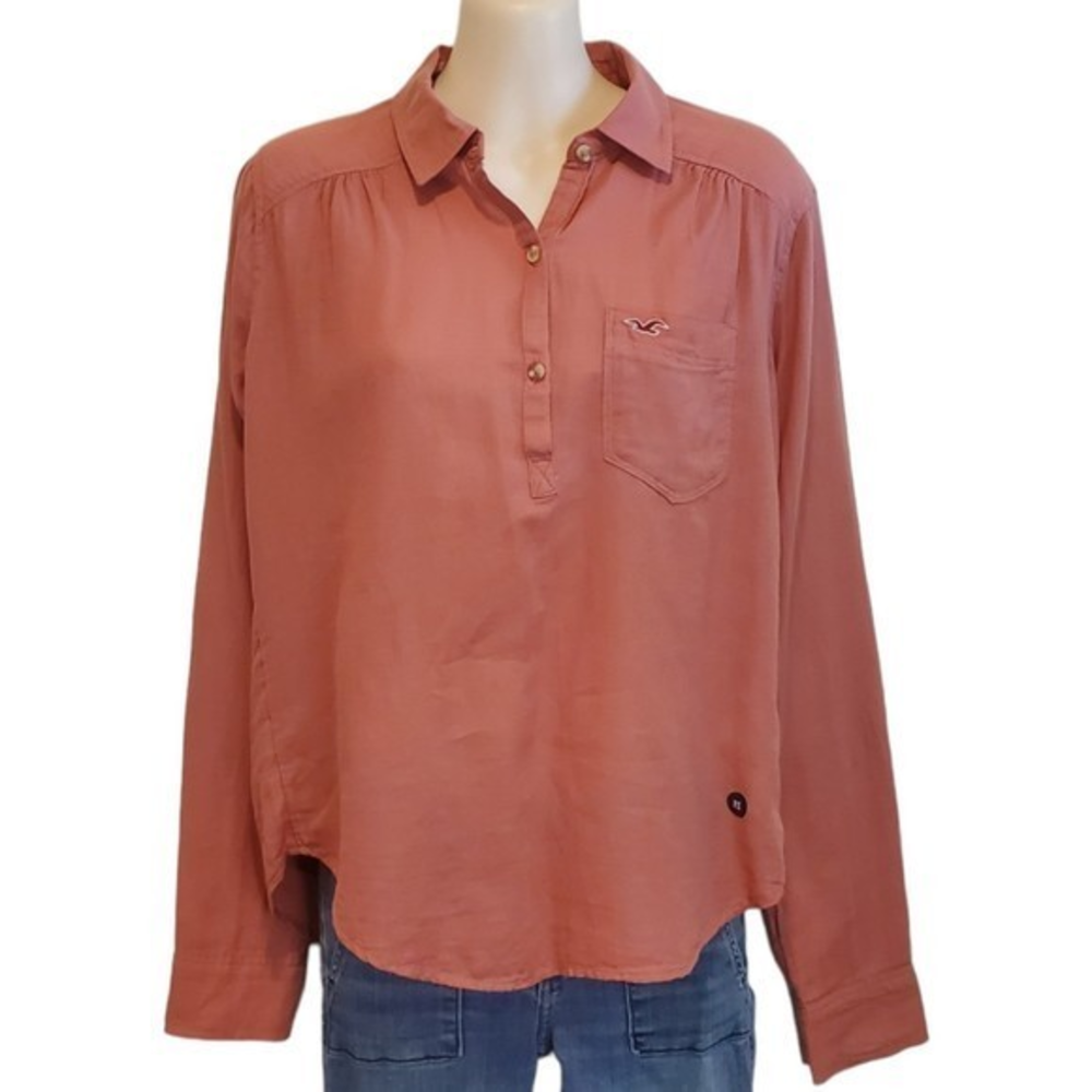 Hollister Women's Coral Button Up Shirt Sz‎ XS Long Sleeved